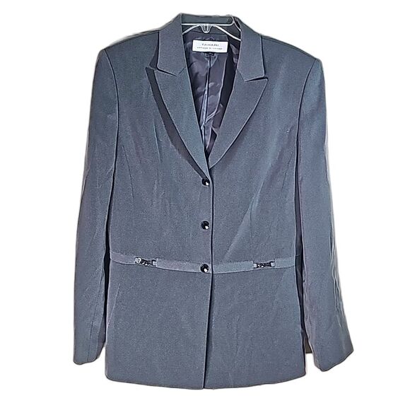 Blazer by Tahari Gray Gun Metal Hardware Snap Front Fully Lined Size 12 - Picture 1 of 6